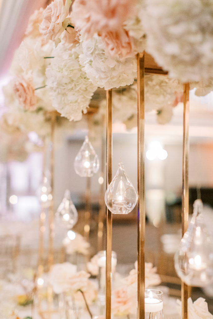Close up detail of wedding reception table with blush cream and cold colors - Park Savoy Wedding Photography