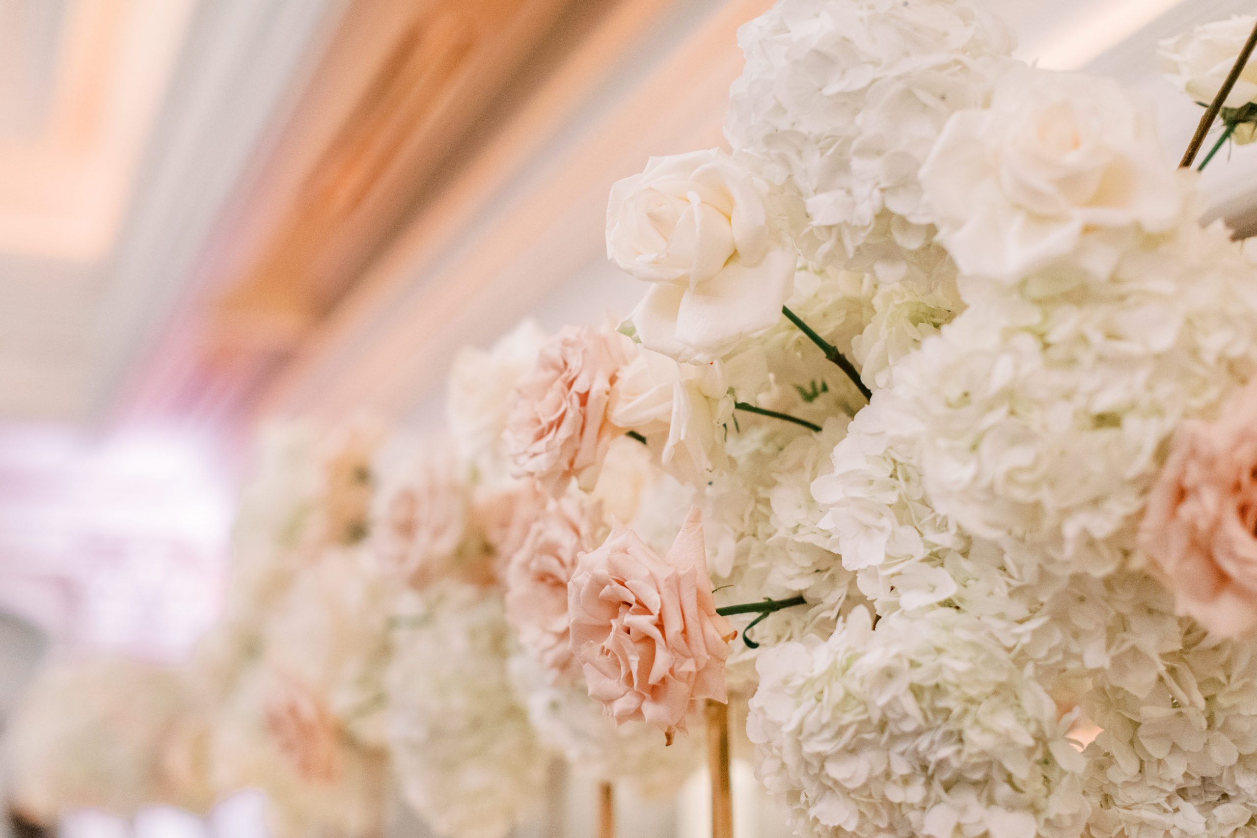 wedding reception centerpiece with blush roses and hydrangeas - Park Savoy Wedding Photography