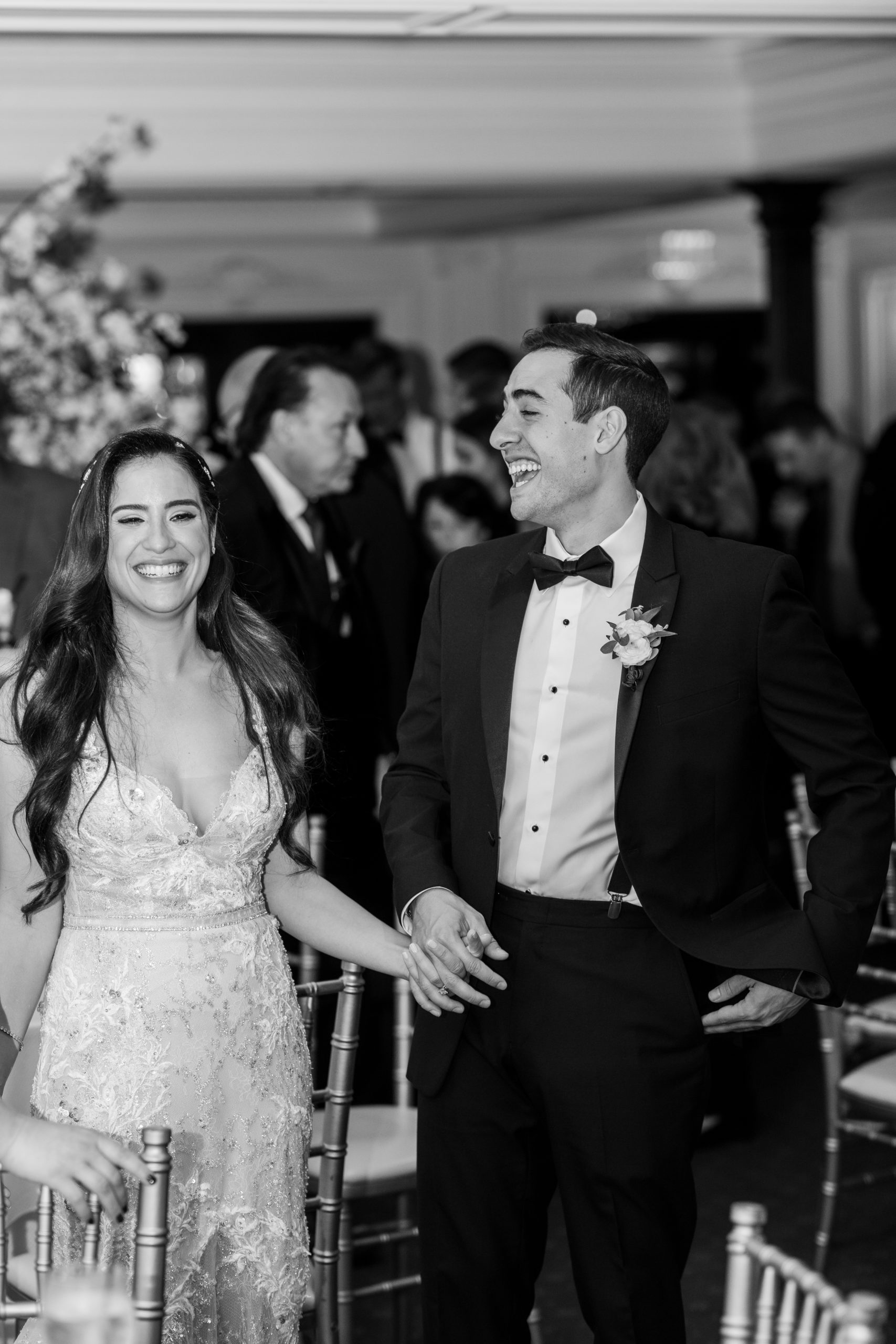 bride and groom laugh during park savoy wedding reception