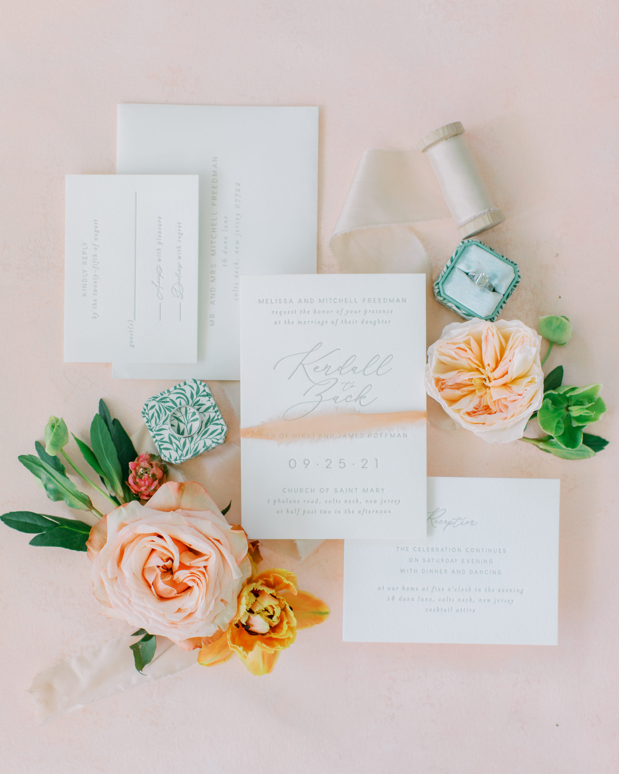 Invitation suite with garden roses on pink background NJ Private Estate Wedding Photography