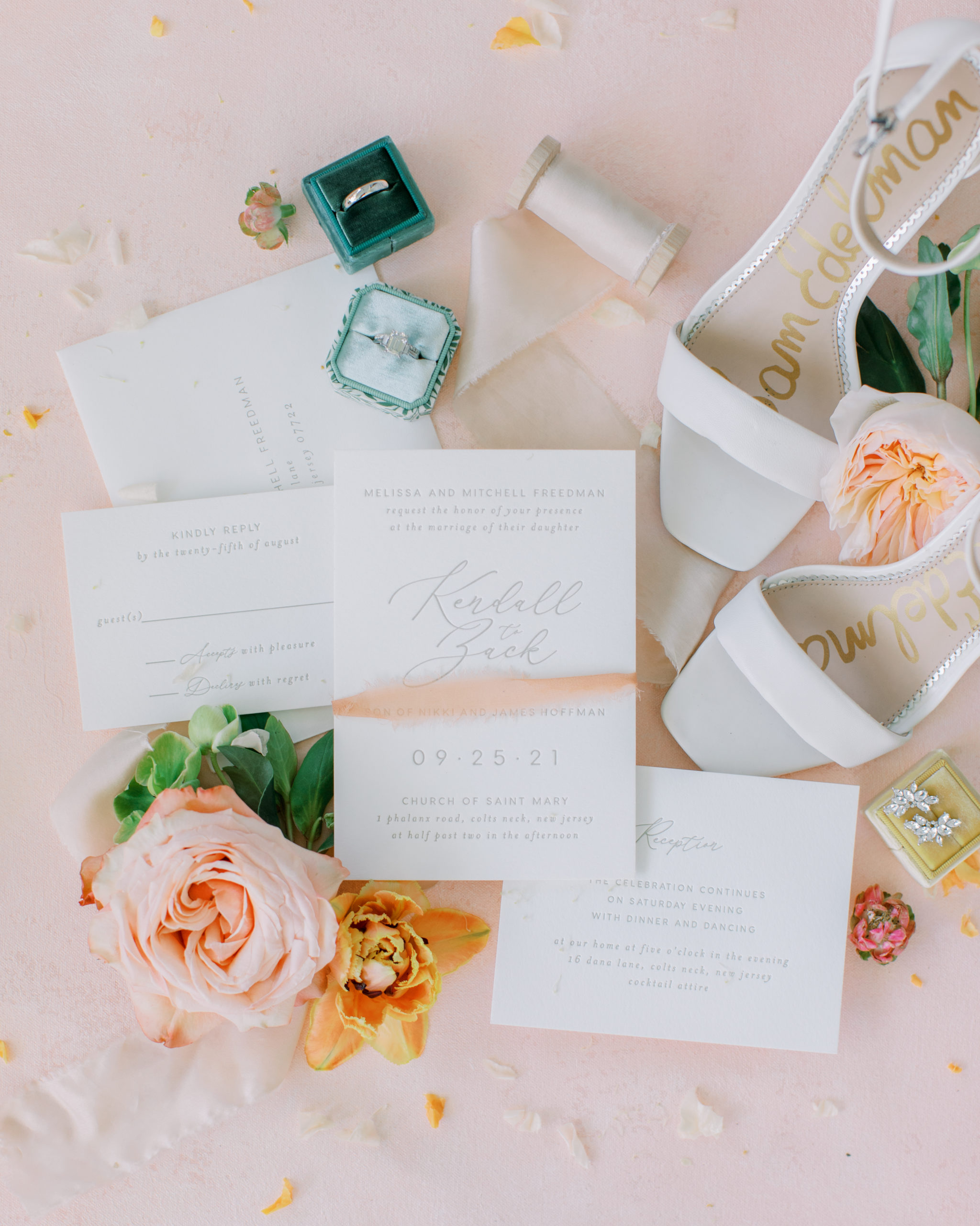 wedding invitation suite with shoes pink roses and flower petals NJ Private Estate Wedding Photography