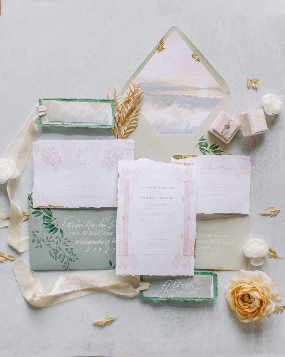 green and cream wedding invitation suite with. pink details Bella Collina Wedding
