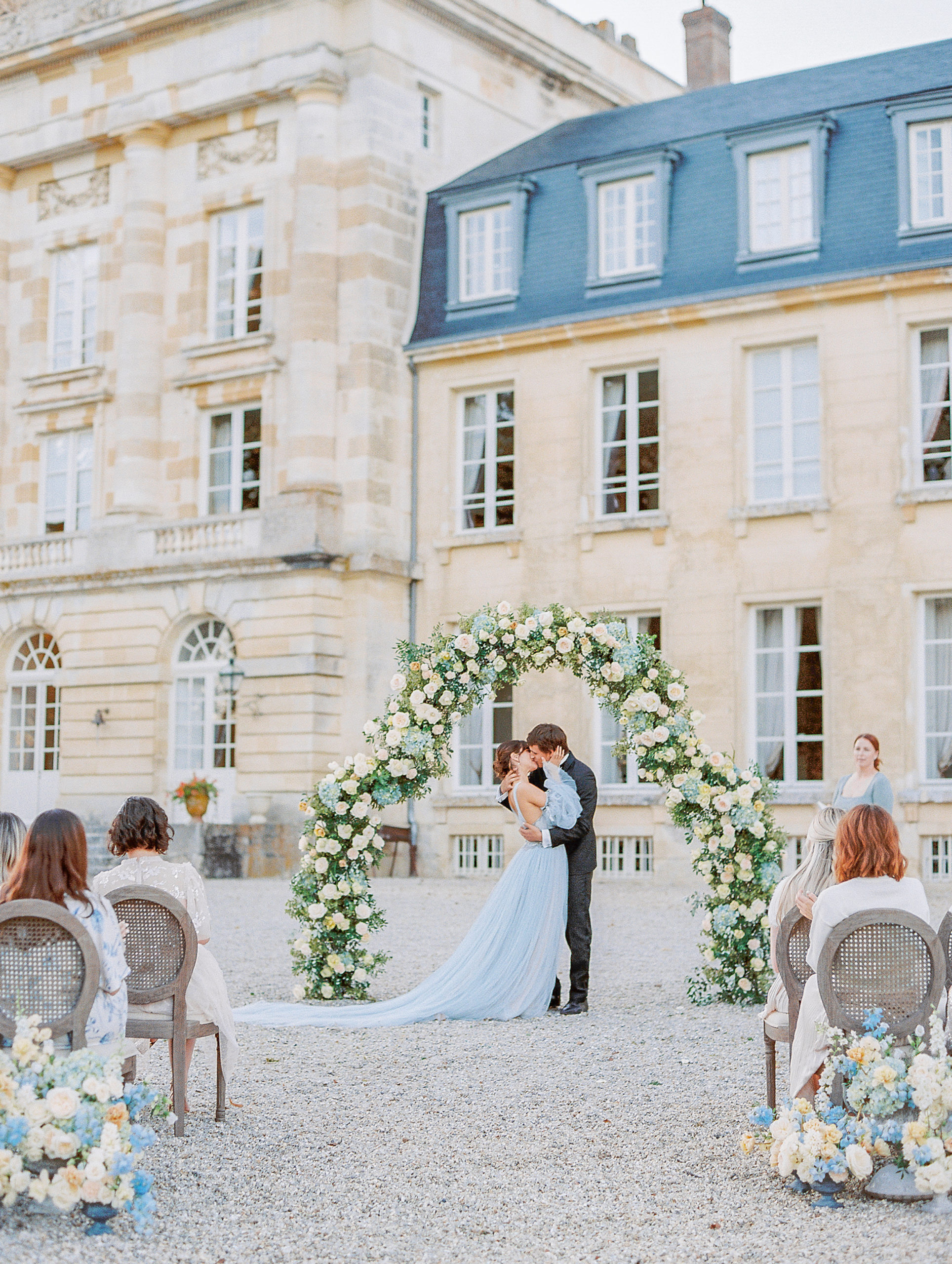 Bride and Groom First Kiss at Chateau de Courtomer Wedding