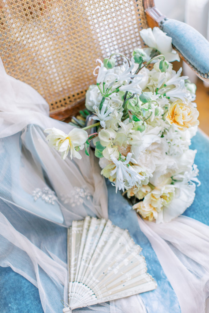Bridal Details at French Chateau Wedding with Bouquet and Shoes