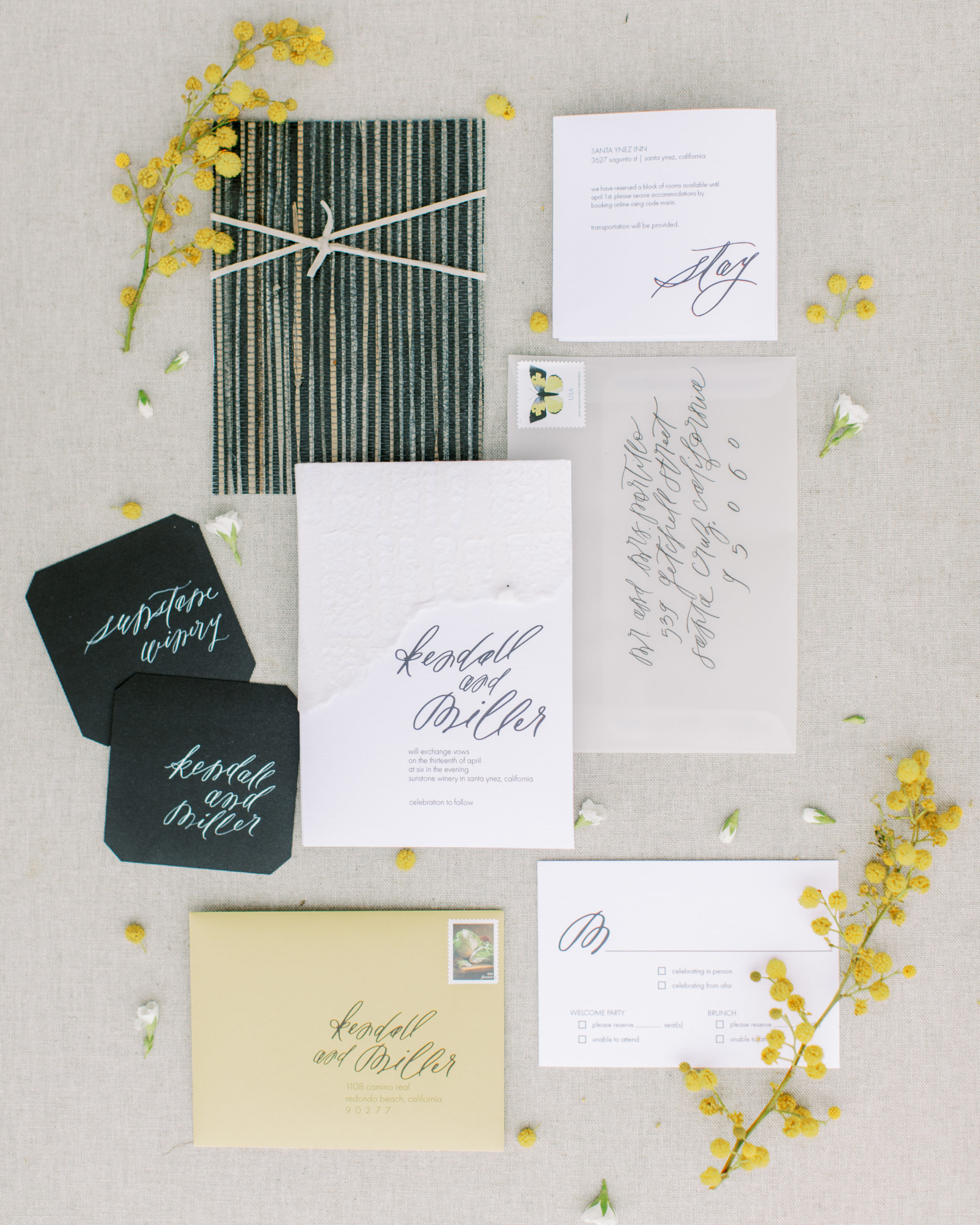 Luxury wedding invitation suite with yellow and white flowers