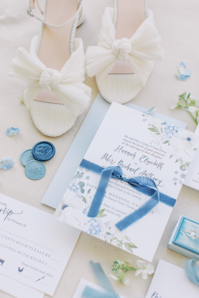 Baby blue wedding invitations with ivory heels 