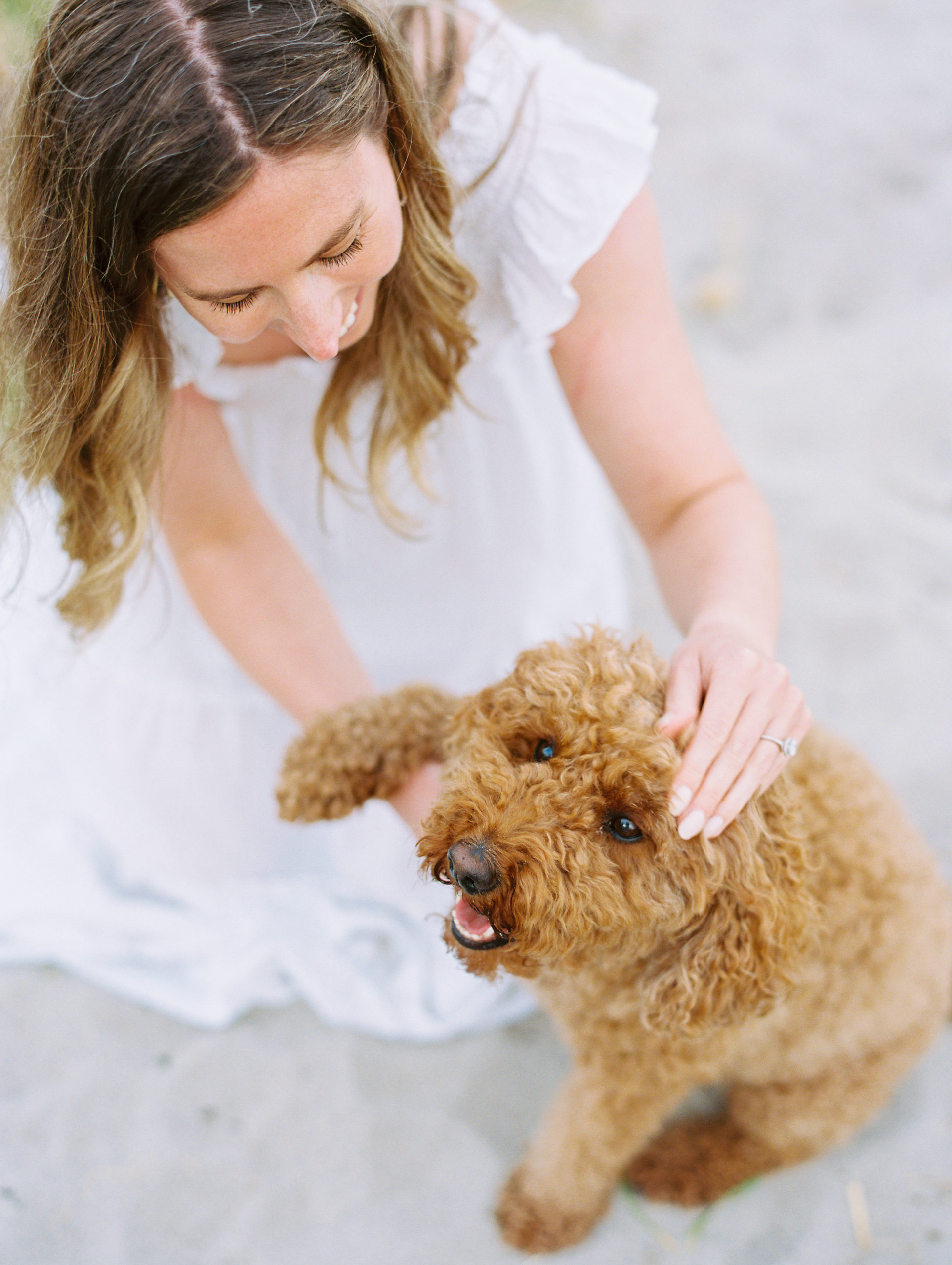 Fiancee pets dog on the beach for Coastal Maine Engagement Session 