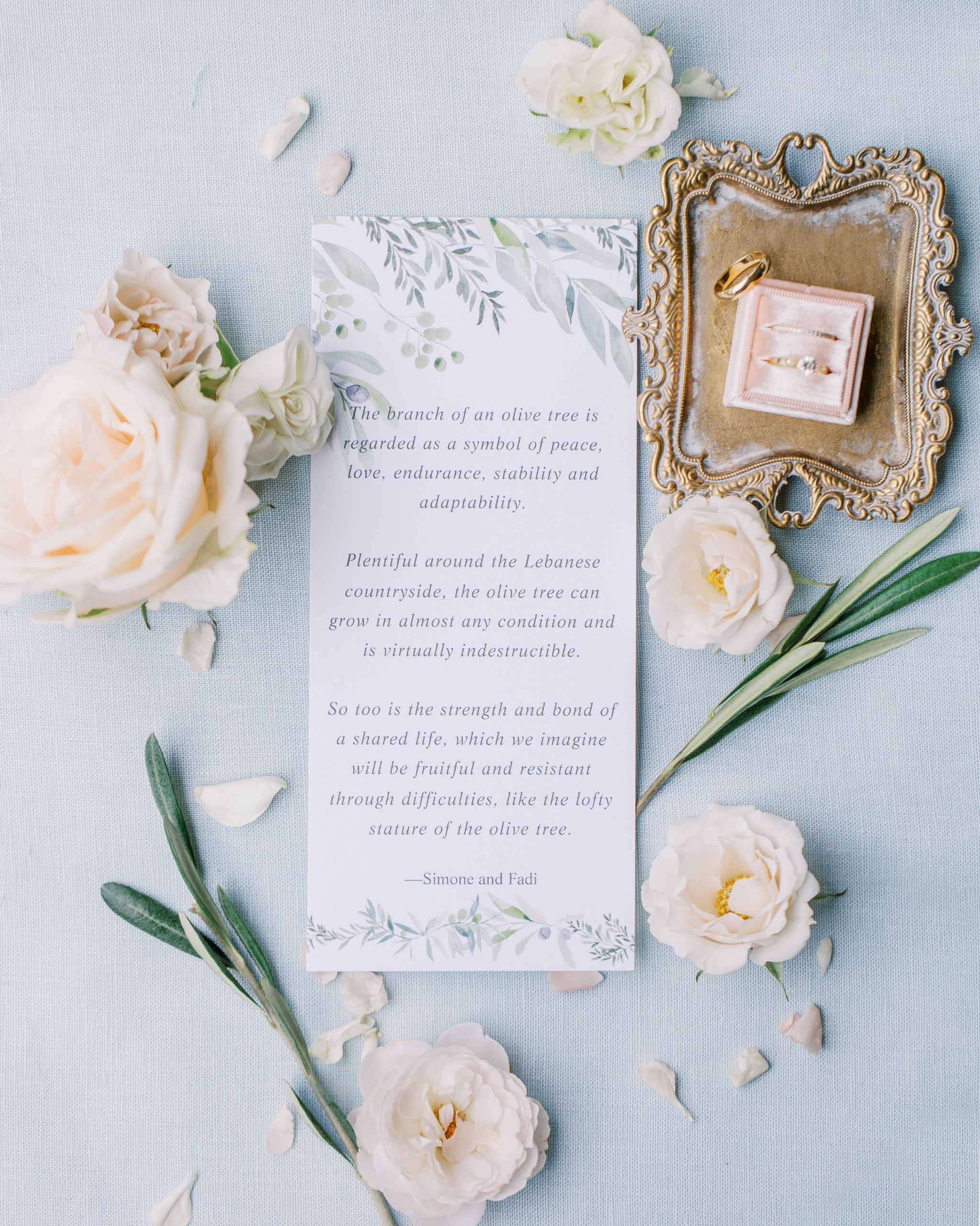 Excerpt from bride and groom detailing the significance of the olive tree with roses, pink ring box, and olive leaves 