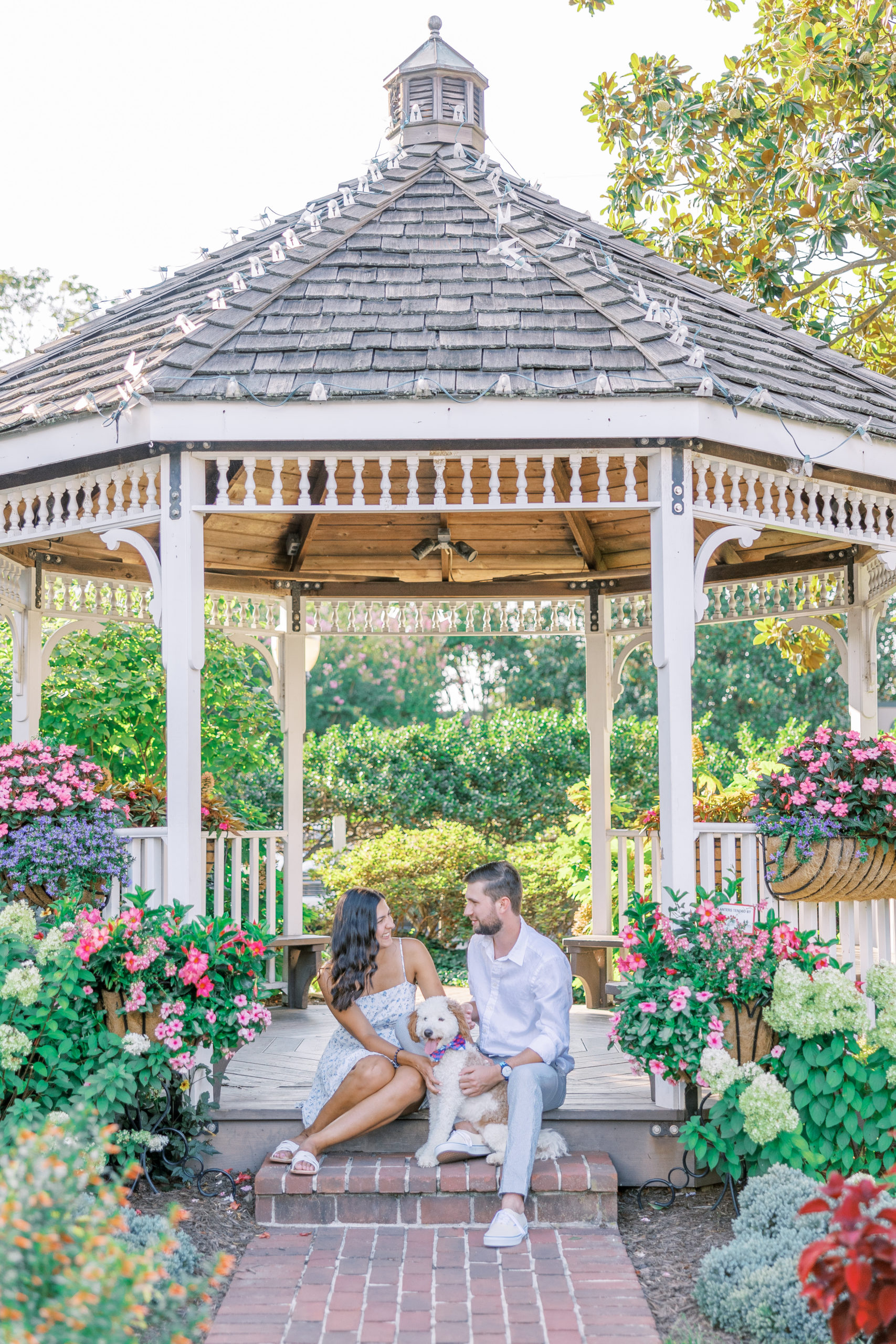 Couple sit on gazebo steps and garden with dog 