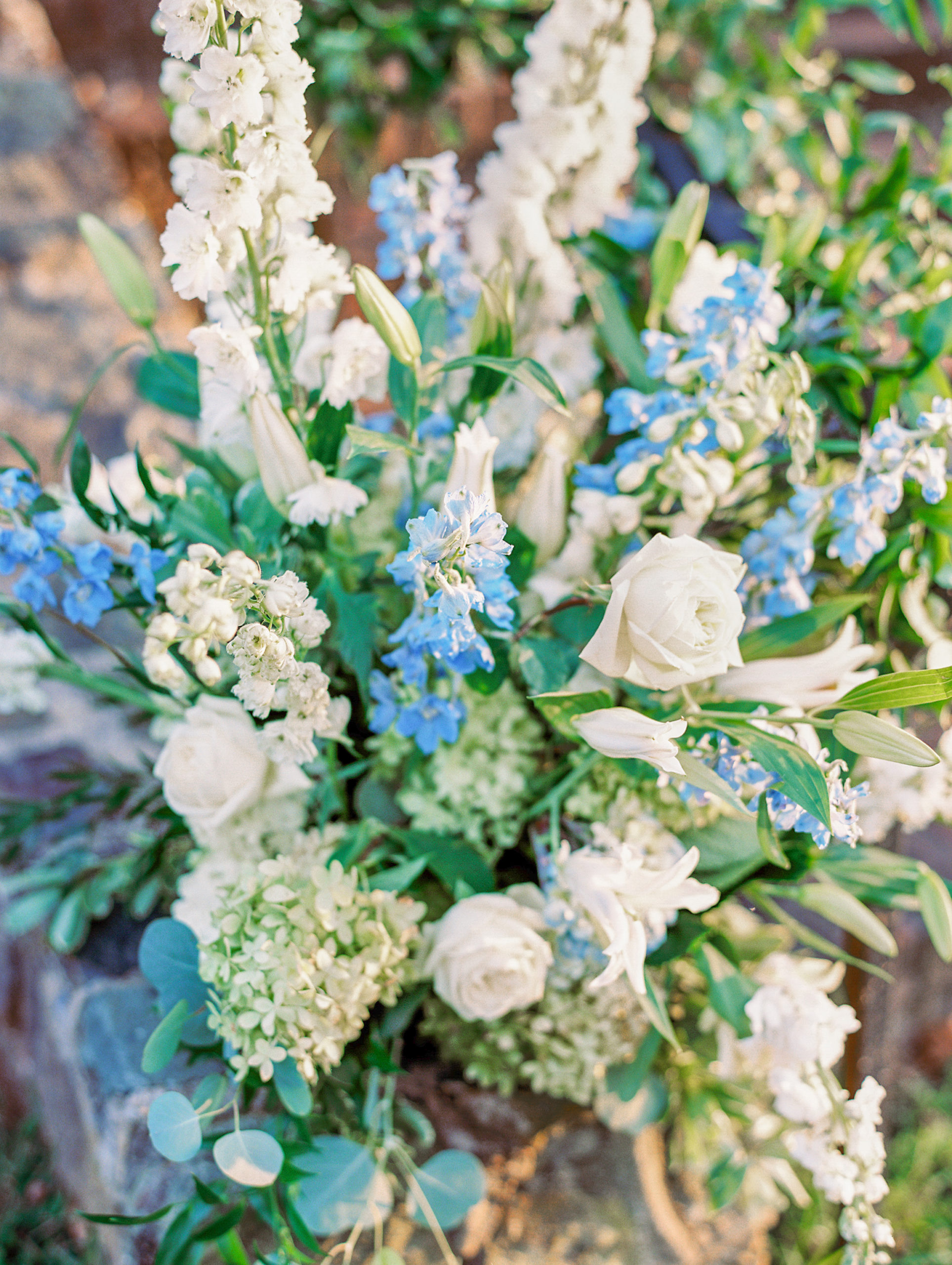 Up close view of blue and white flower arrangement 