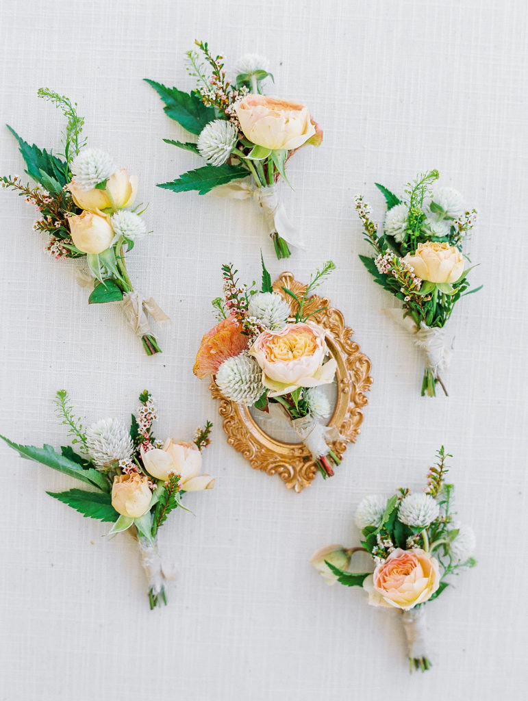 6 boutonnières of peach and white flowers for Clifton wedding photography