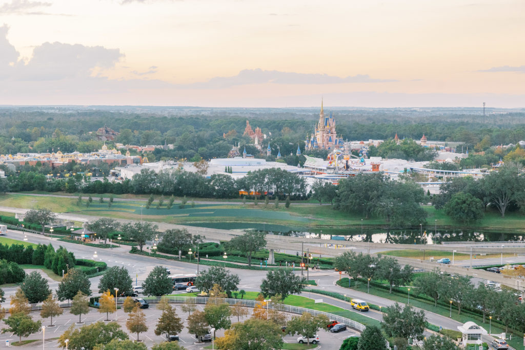 Landscape portrait of Disney World and the castle at sunset 