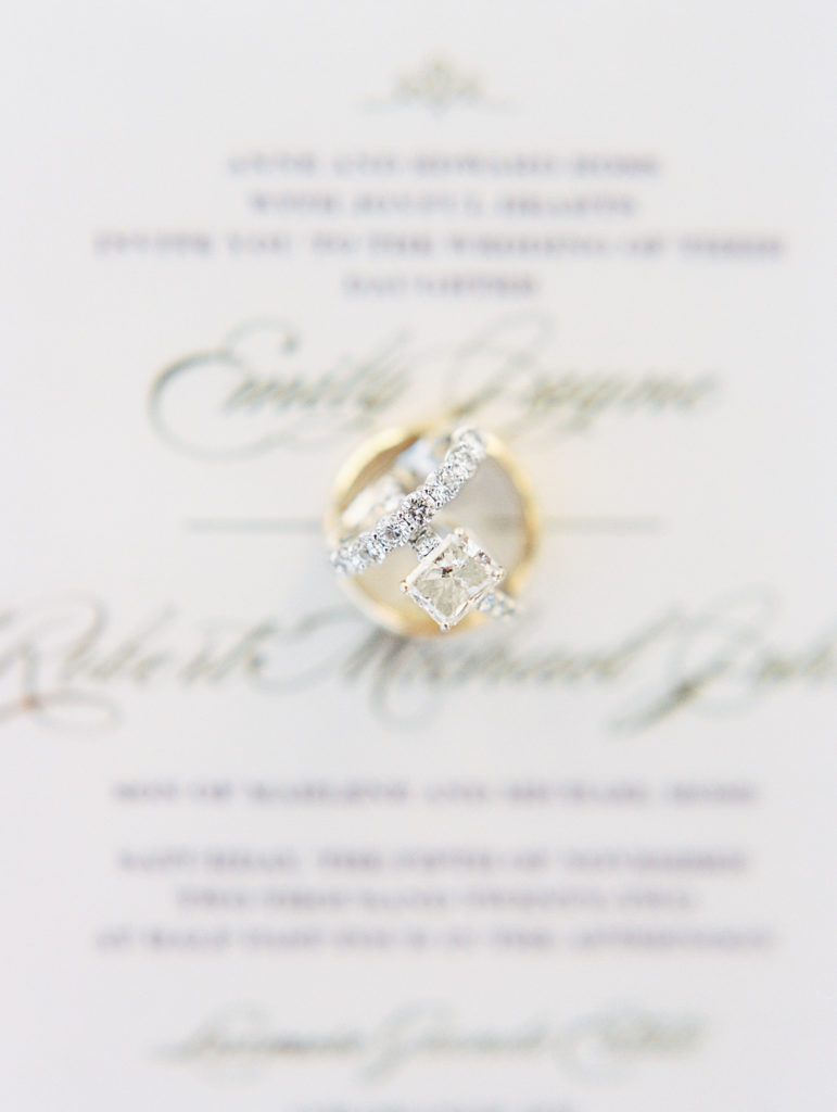 Wedding rings on top of white invitations for Luxmore Grande Wedding