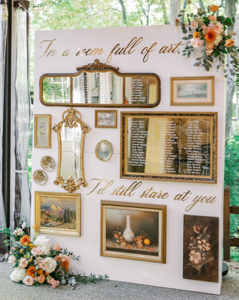 "in a room full of art, I'd still stare at you" on wall with paintings and mirrors for philadelphia wedding photographer