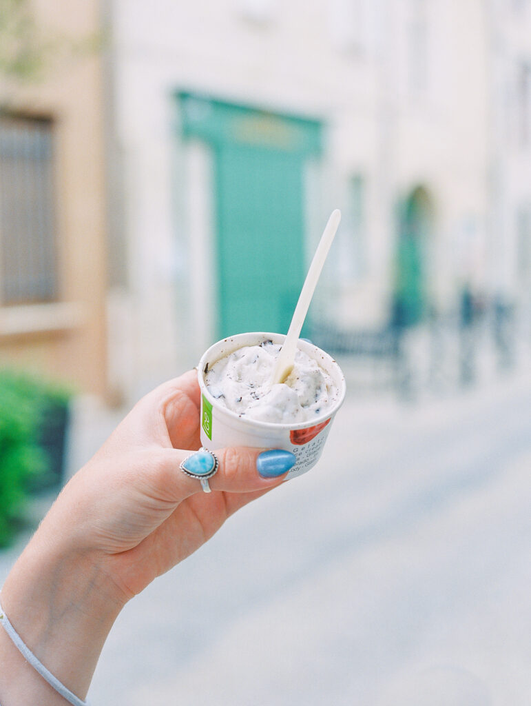 cup of gelato on street in france