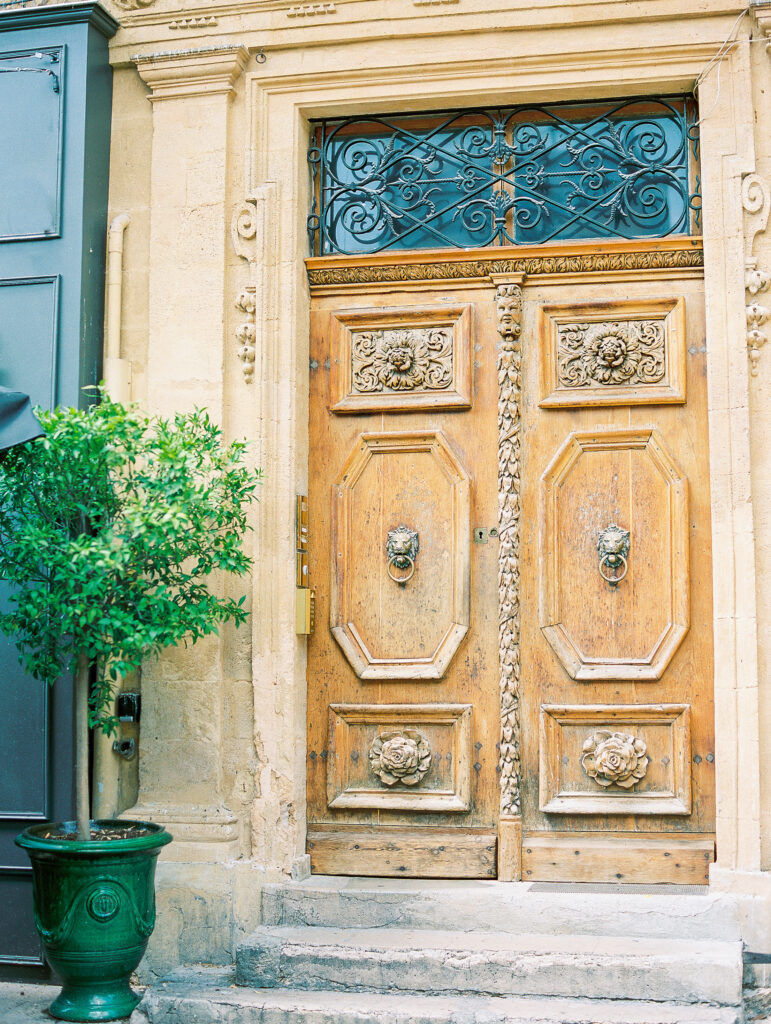 ornate wooden doors with potted small tree