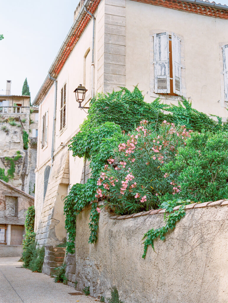 small town street in the south of france with pink flowers
