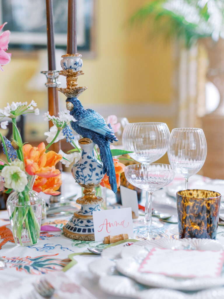 close up detail of jungle inspired table design at luxury charleston wedding