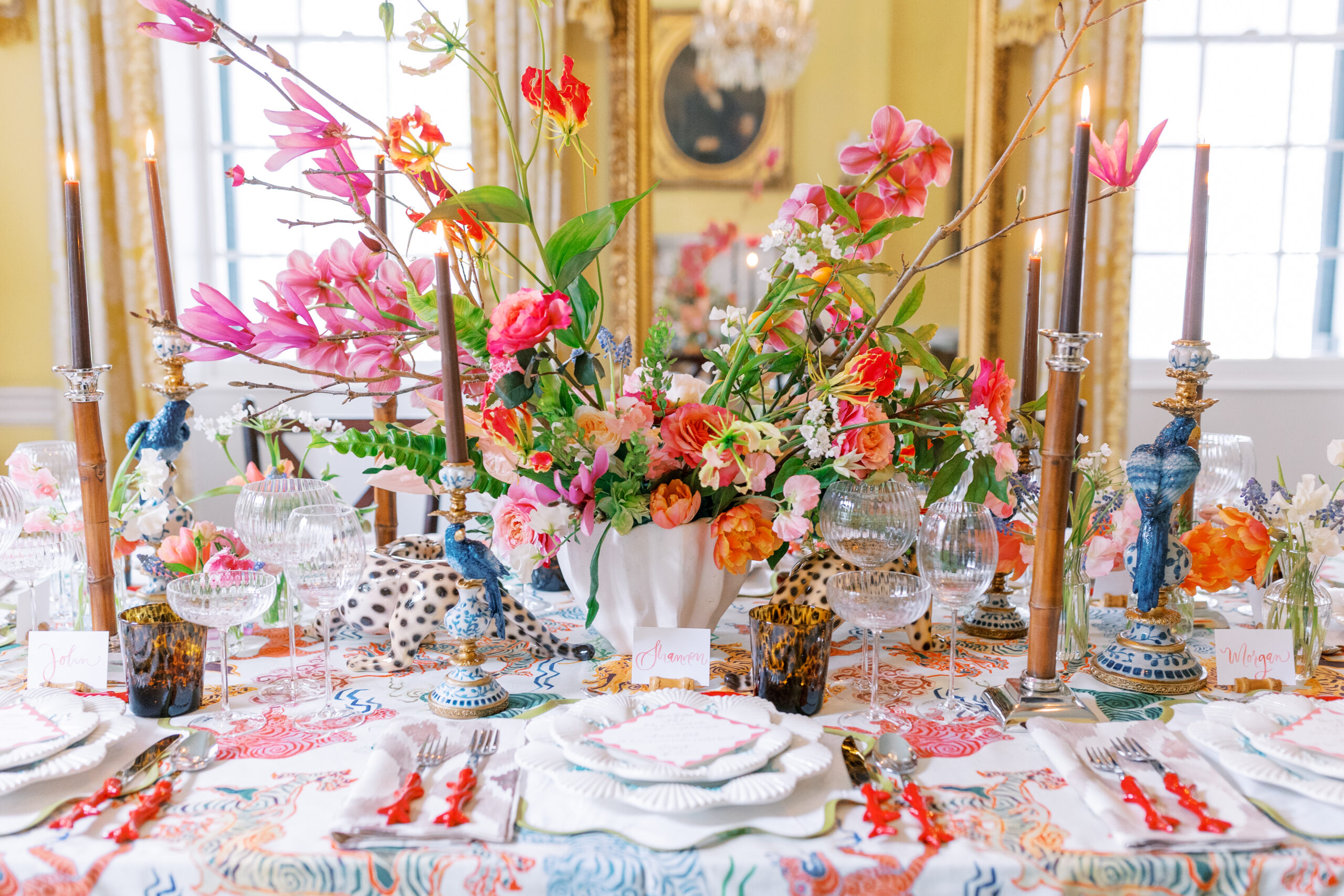 Lowdnes Grove Wedding by destination film wedding photographer Katie Trauffer Photography - jungle inspired reception table design
