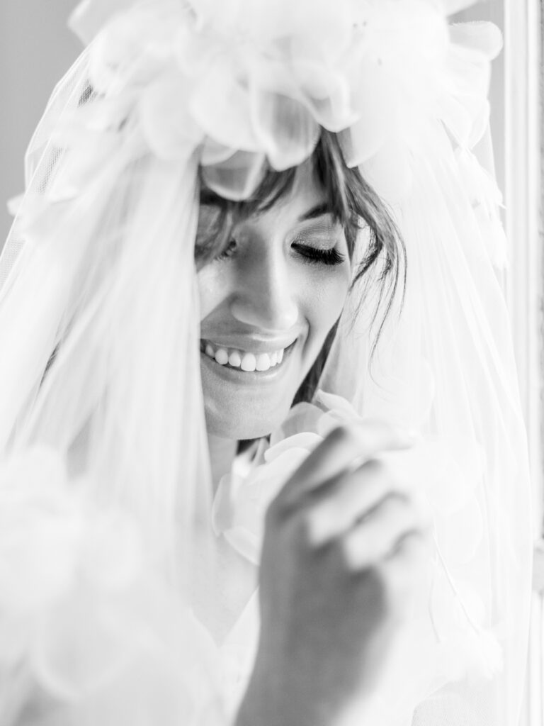 Lowdnes Grove Wedding by destination film wedding photographer Katie Trauffer Photography - bridal portrait in black and white with ruffled veil