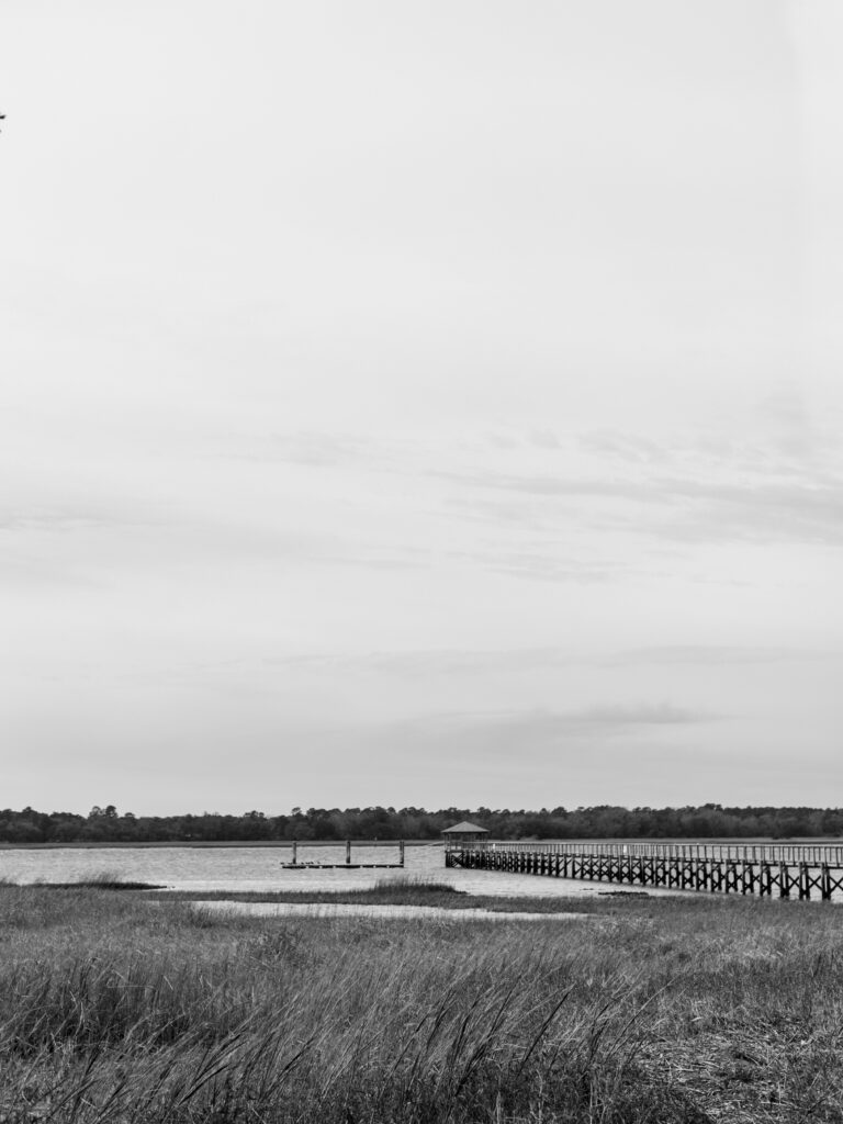 black and white river view with long dock