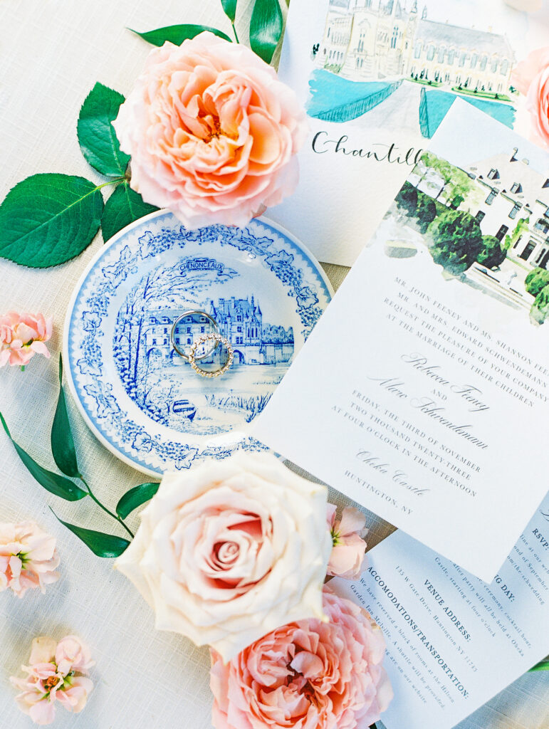 Custom invitation suite with french blue plate and pink roses