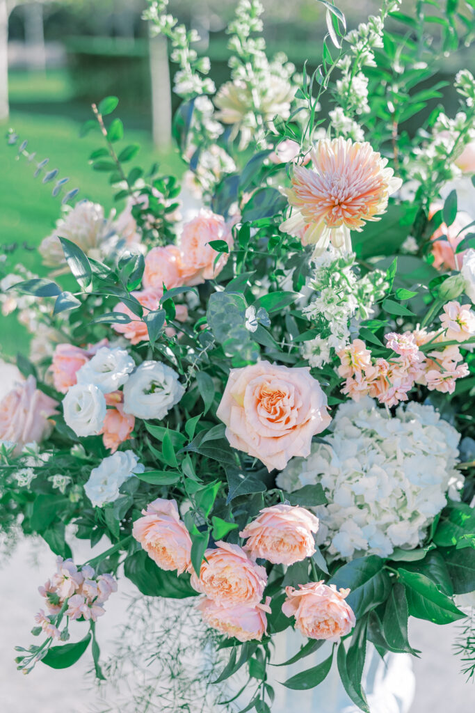 soft pink and white wedding floral arrangements