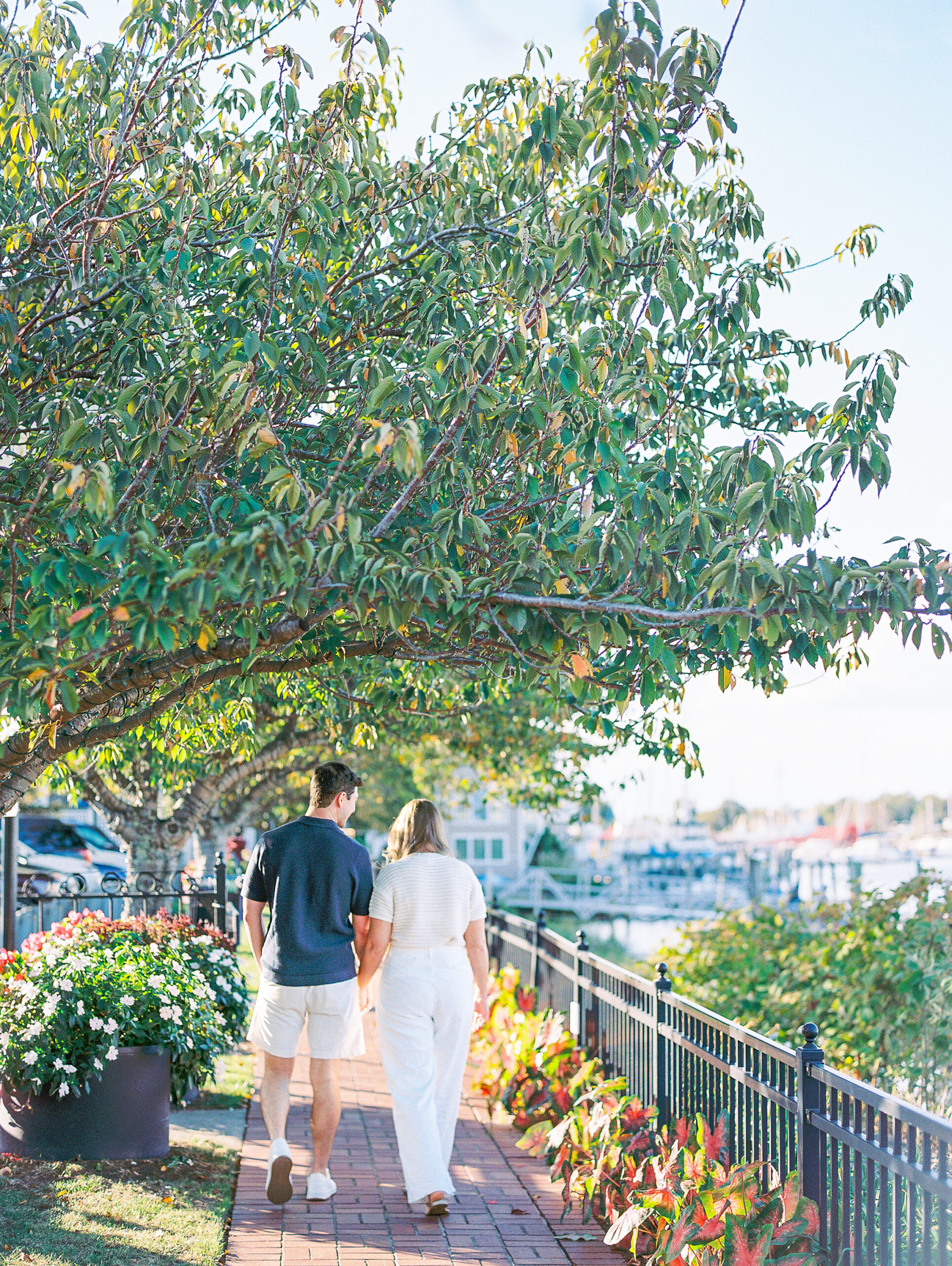 Lewes Beach Engagement Session Couple walks along. tree lined path at marina