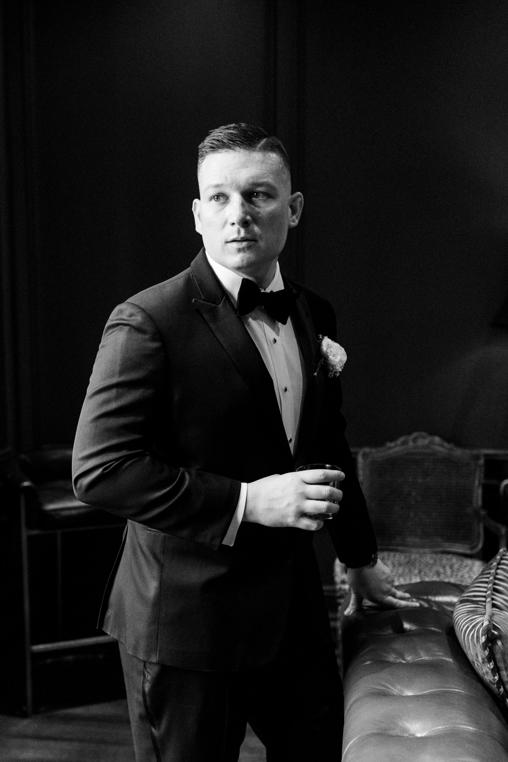 black and white classic groom portrait