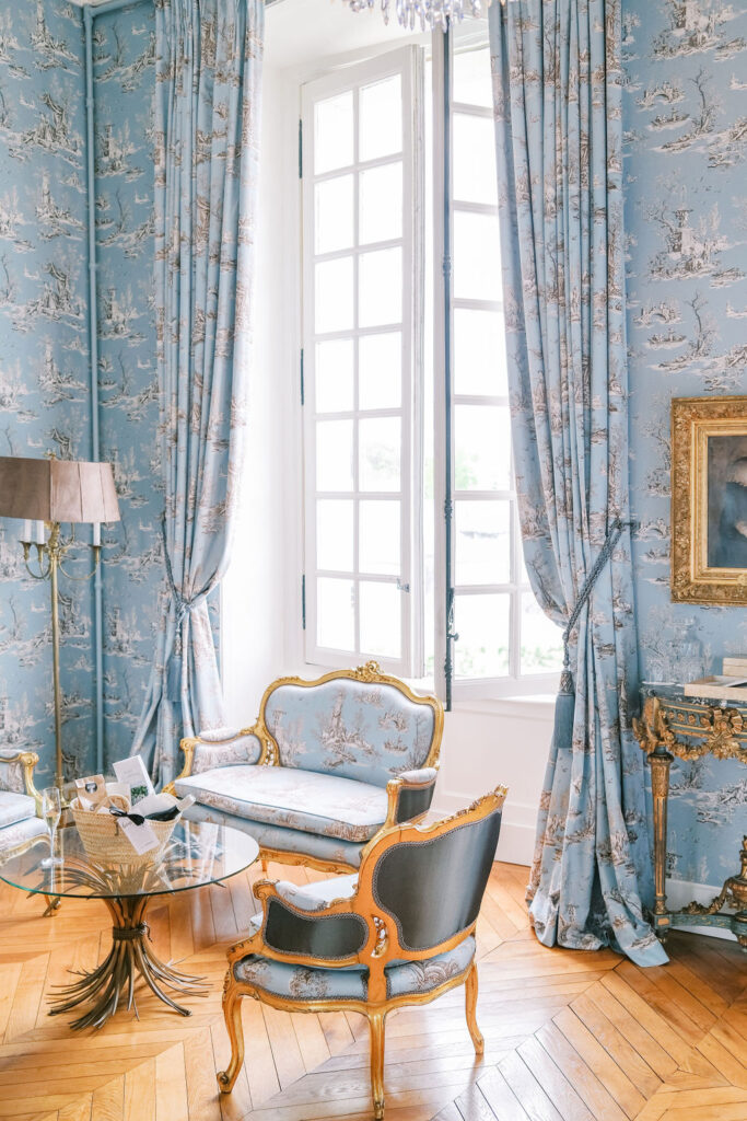 blue bedroom lounge at Chateau du Grand Luce 