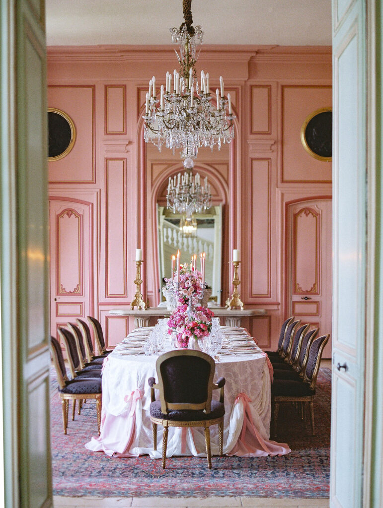 pink themed welcome dinner at Chateau du Grand Luce wedding