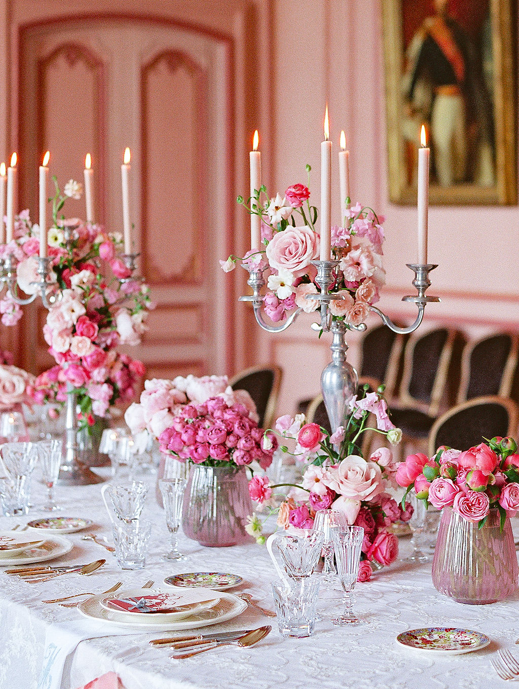 pink themed welcome dinner at Chateau du Grand Luce wedding