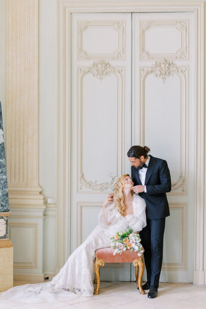 bride and groom in salon at Chateau du Grand Luce wedding