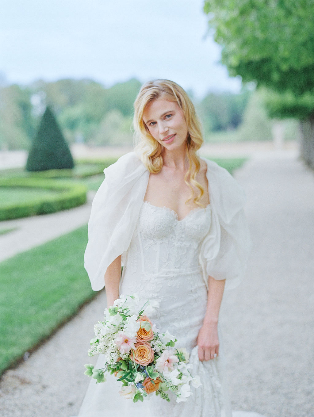 bride at Chateau du Grand Luce wedding on overcast day