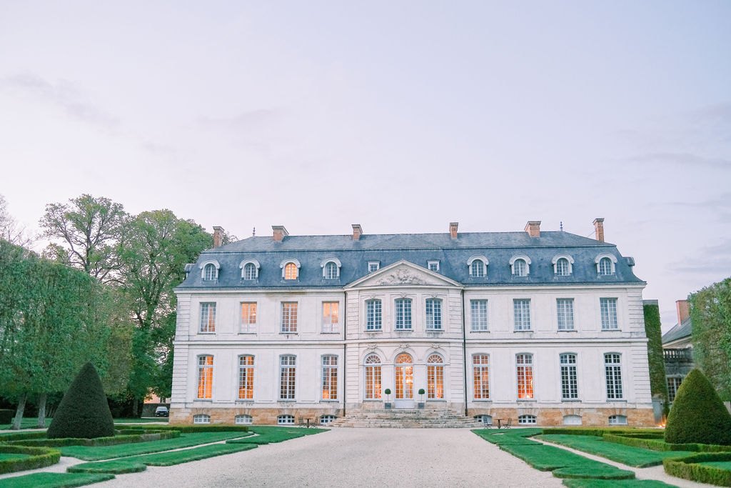 pink sunset over Chateau du Grand Luce 