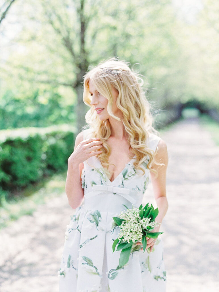 bride at sunny Chateau du Grand Luce pre-wedding portrait session