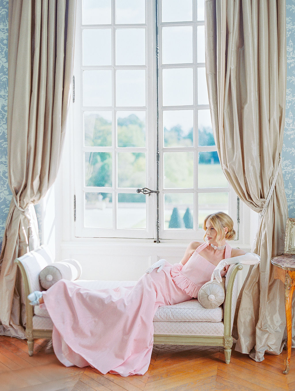 bride in pink dress at Chateau du Grand Luce wedding