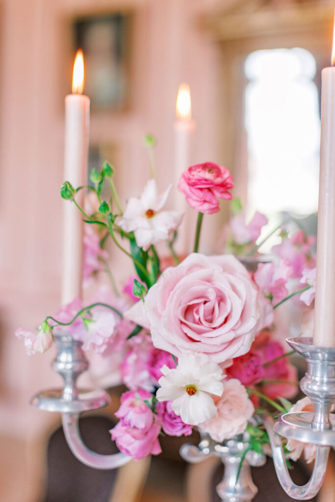 French Chateau Wedding Floral Arrangement on Candelabra 