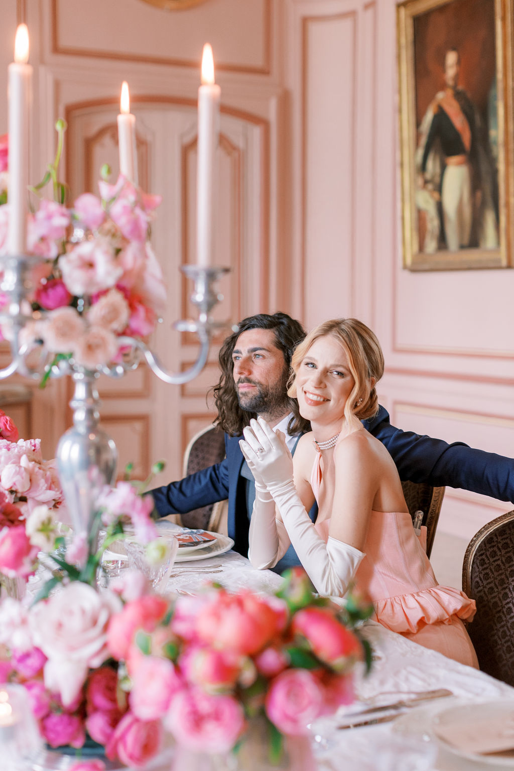 French Chateau Wedding Dinner Table with Bride and Groom