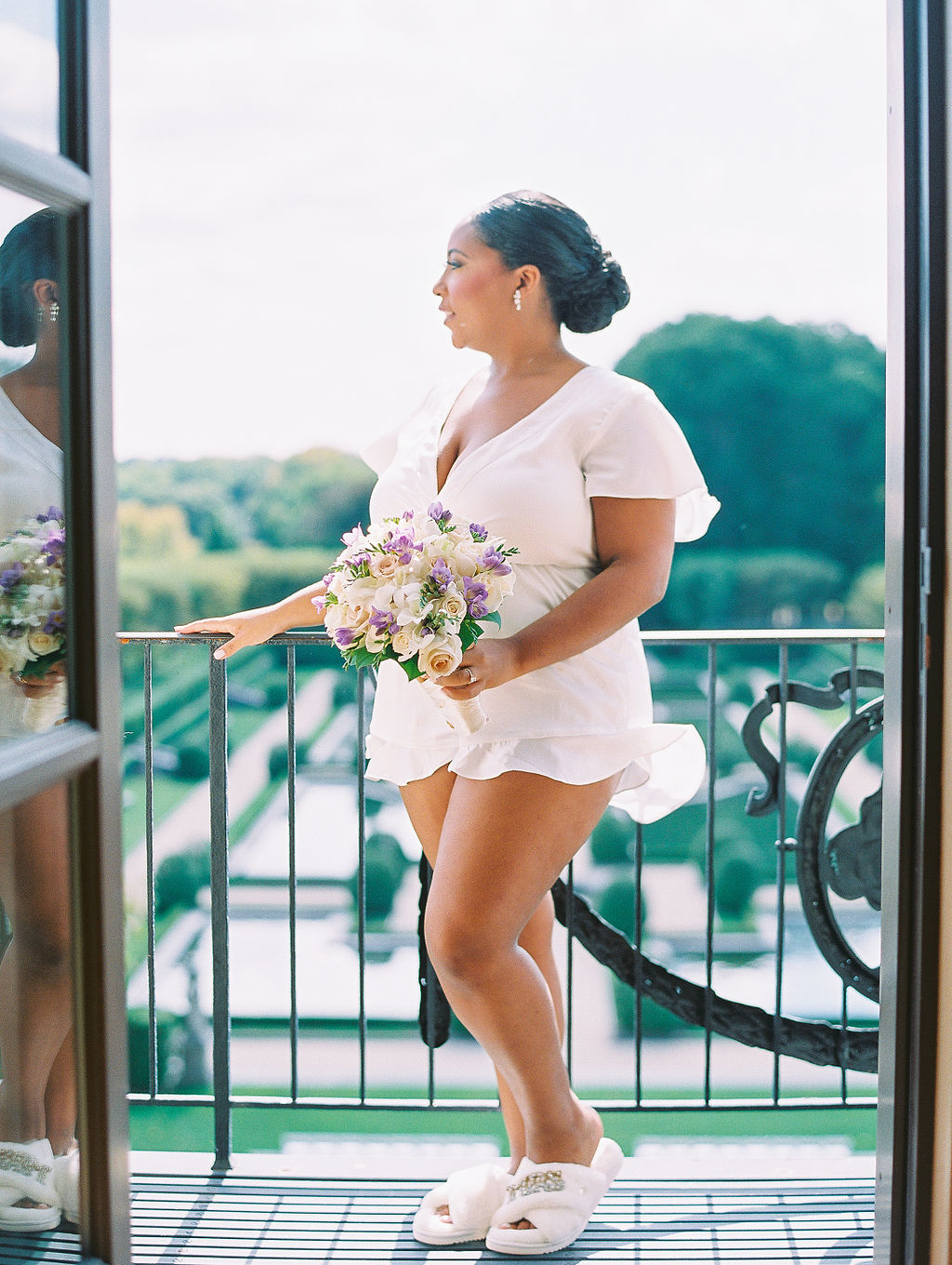 Oheka Castle Wedding Photography bridal portrait on garden balcony