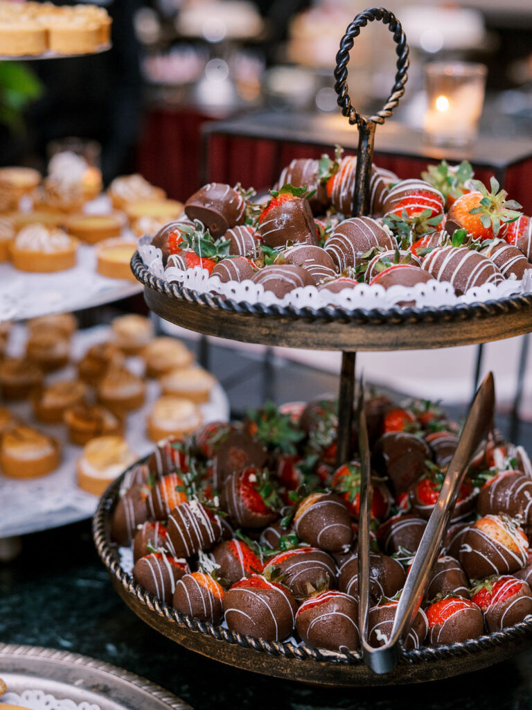 Oheka Castle Wedding dessert bar chocolate covered strawberries