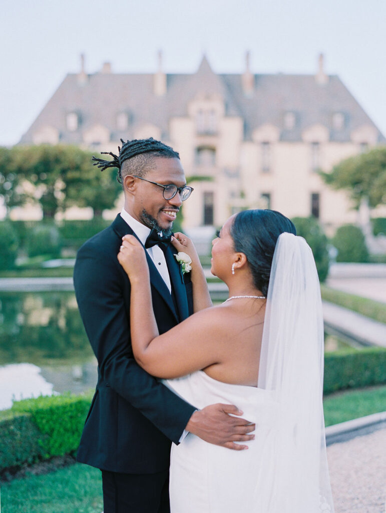 Oheka Castle Wedding Photography newlywed portraits in the garden at golden hour